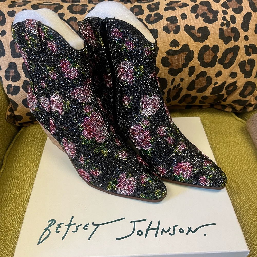 Betsey Johnson Black and Pink Floral Heeled Boots